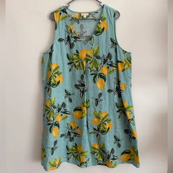 J Jill Love Linen 100% Linen Lemon Print Dress Sz XL - Picture 3 of 8